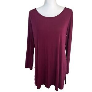 Eileen Fisher Tunic Medium Burgundy 100% Silk Long Crew Long Sleeve Side Slits